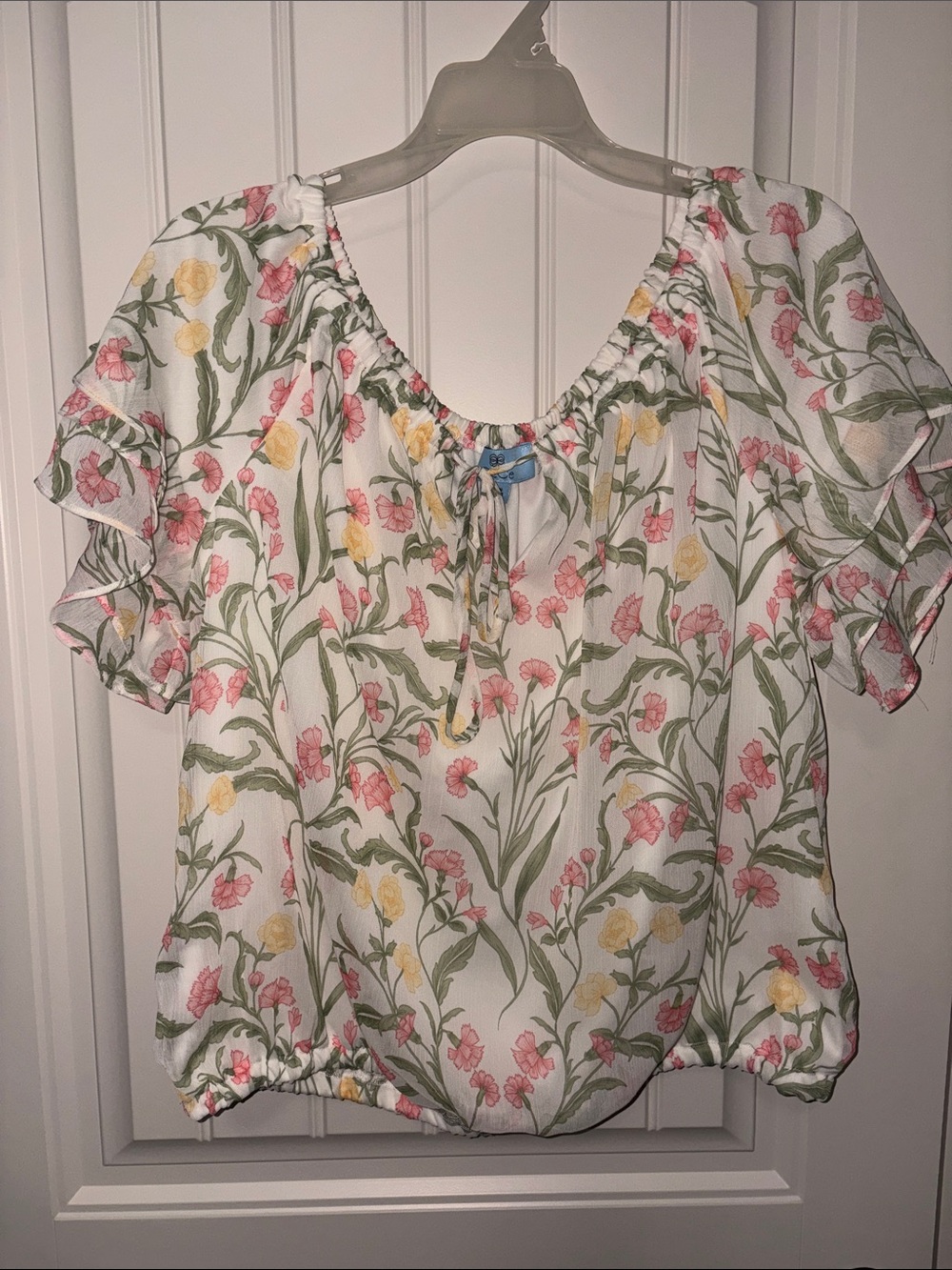 CeCe White Floral Ruffle Sleeve Top with Pink & Yellow Blooms